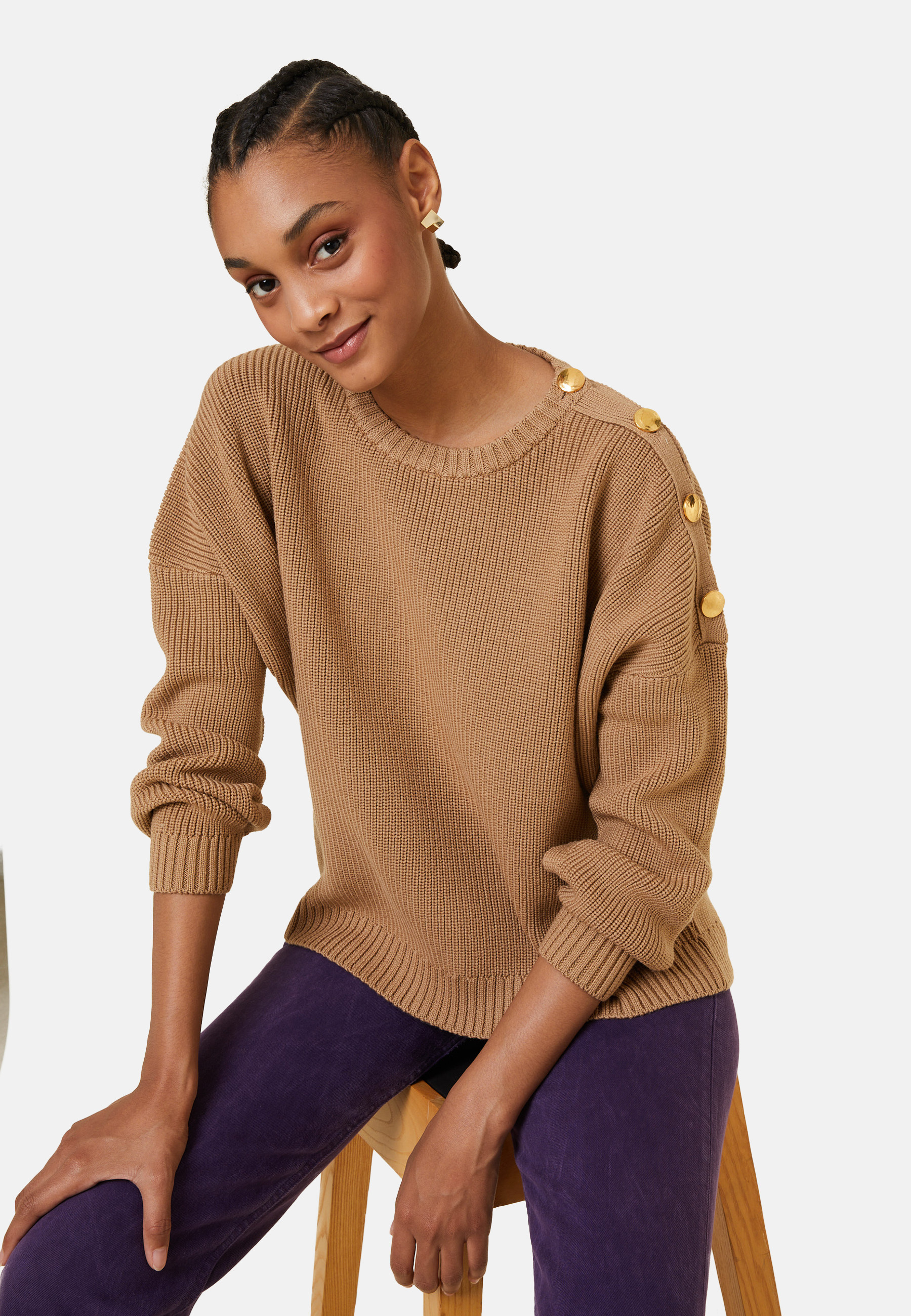 Merino wool round neck buttoned shoulder sweater - Gao