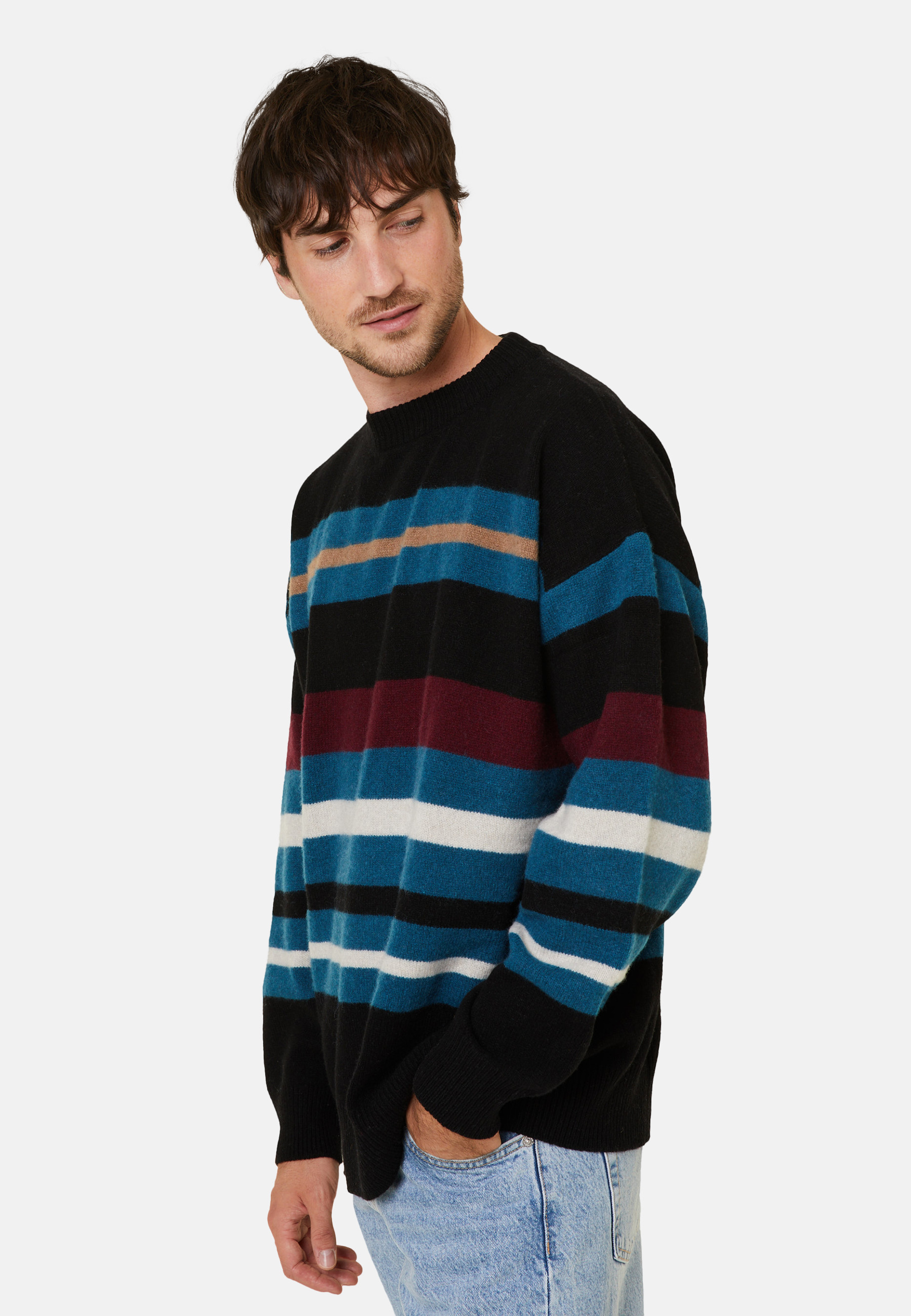 Pull col rond rayé en cachemire et laine recyclés - Fael