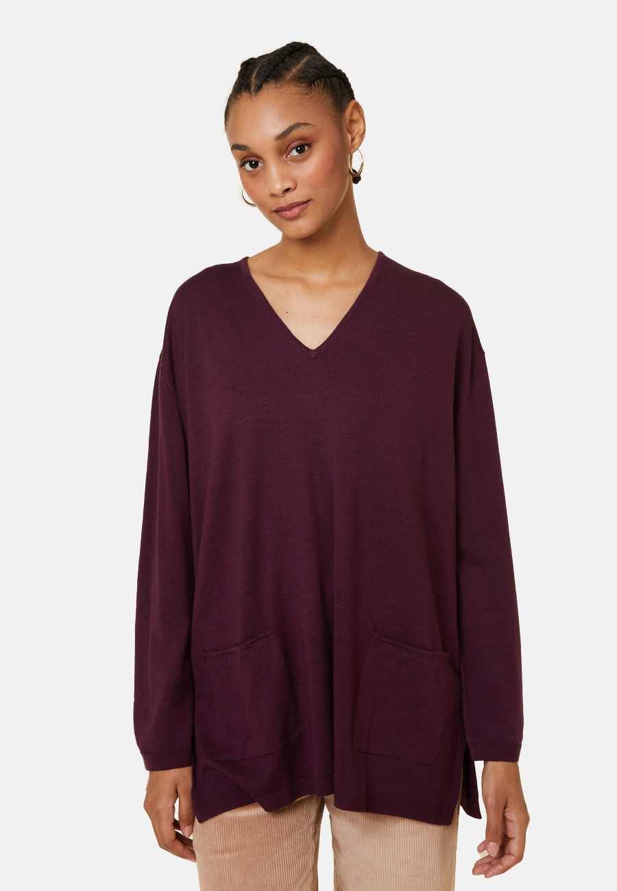Loose V-neck sweater with pockets in merino wool - Albertine