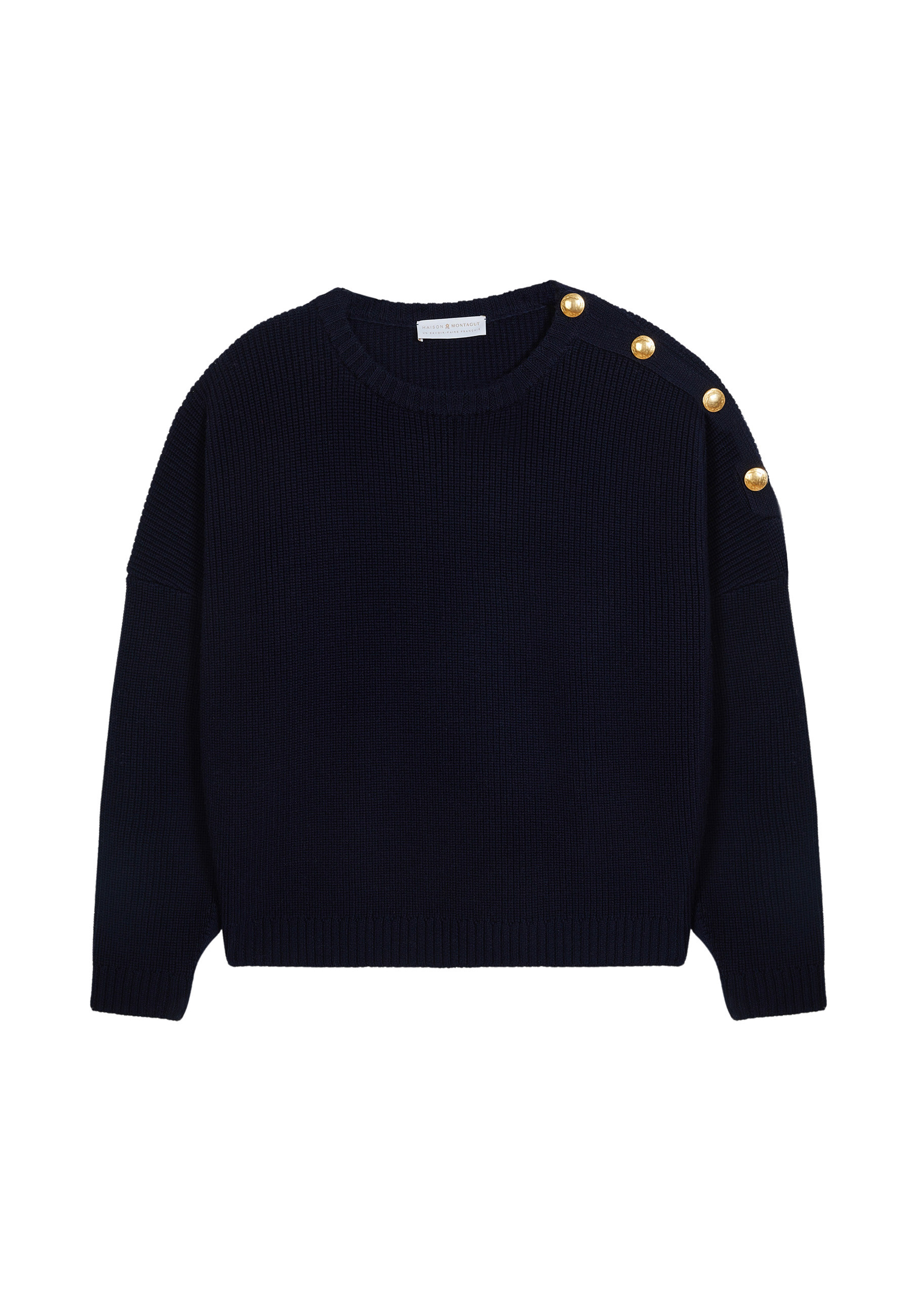 Pull col rond épaule boutonné en laine mérinos - Gao 7840 marine - 05 Bleu marine