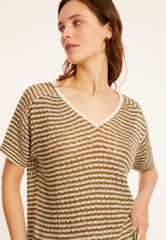 T-shirt ajouré en lin col V - Marguerite 8113 - 83 Kaki