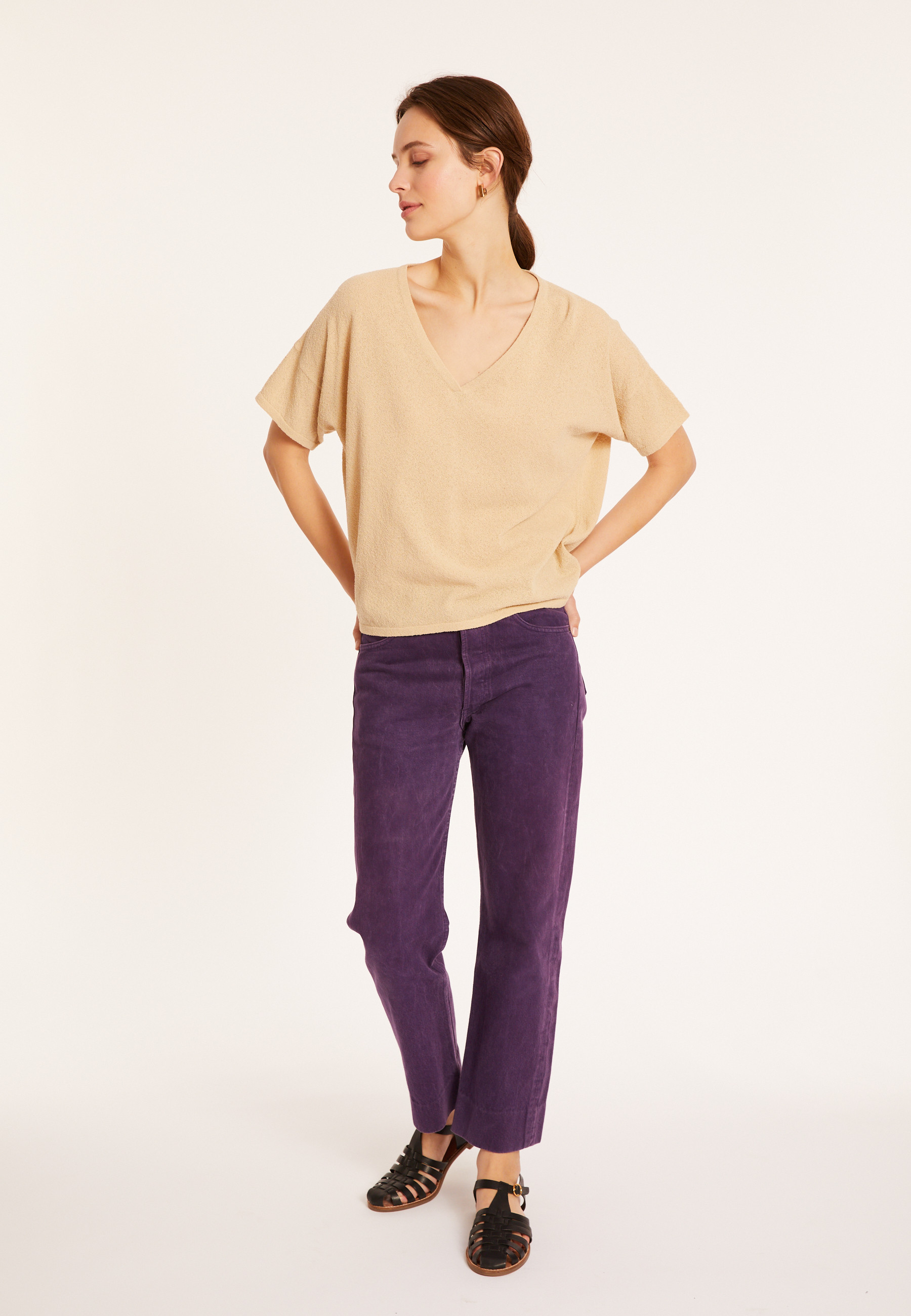 Loose V-neck brushed cotton T-shirt - Maden