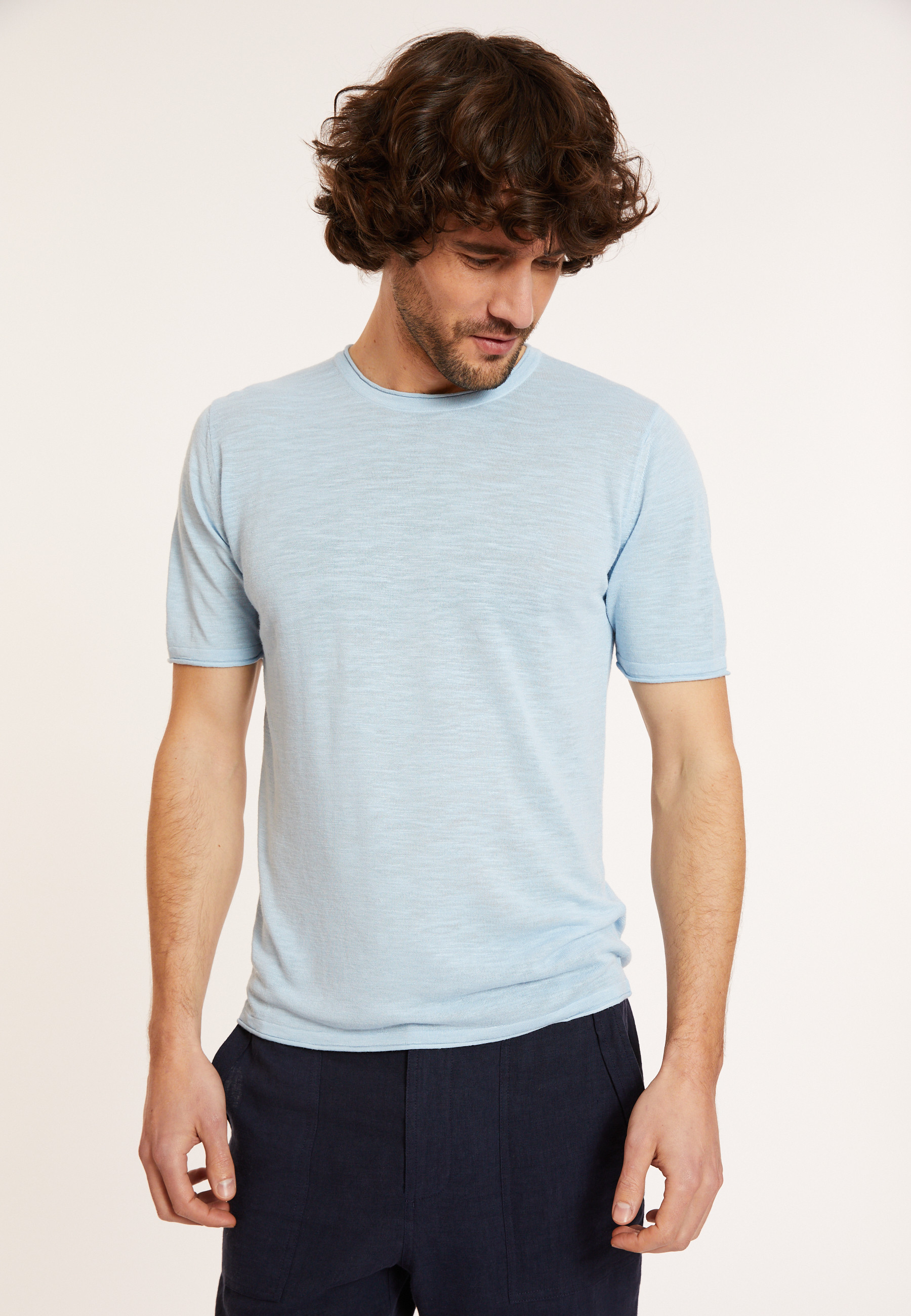 T-shirt col rond en lin flammé - Renaud 8043 celeste - 04 Bleu clair