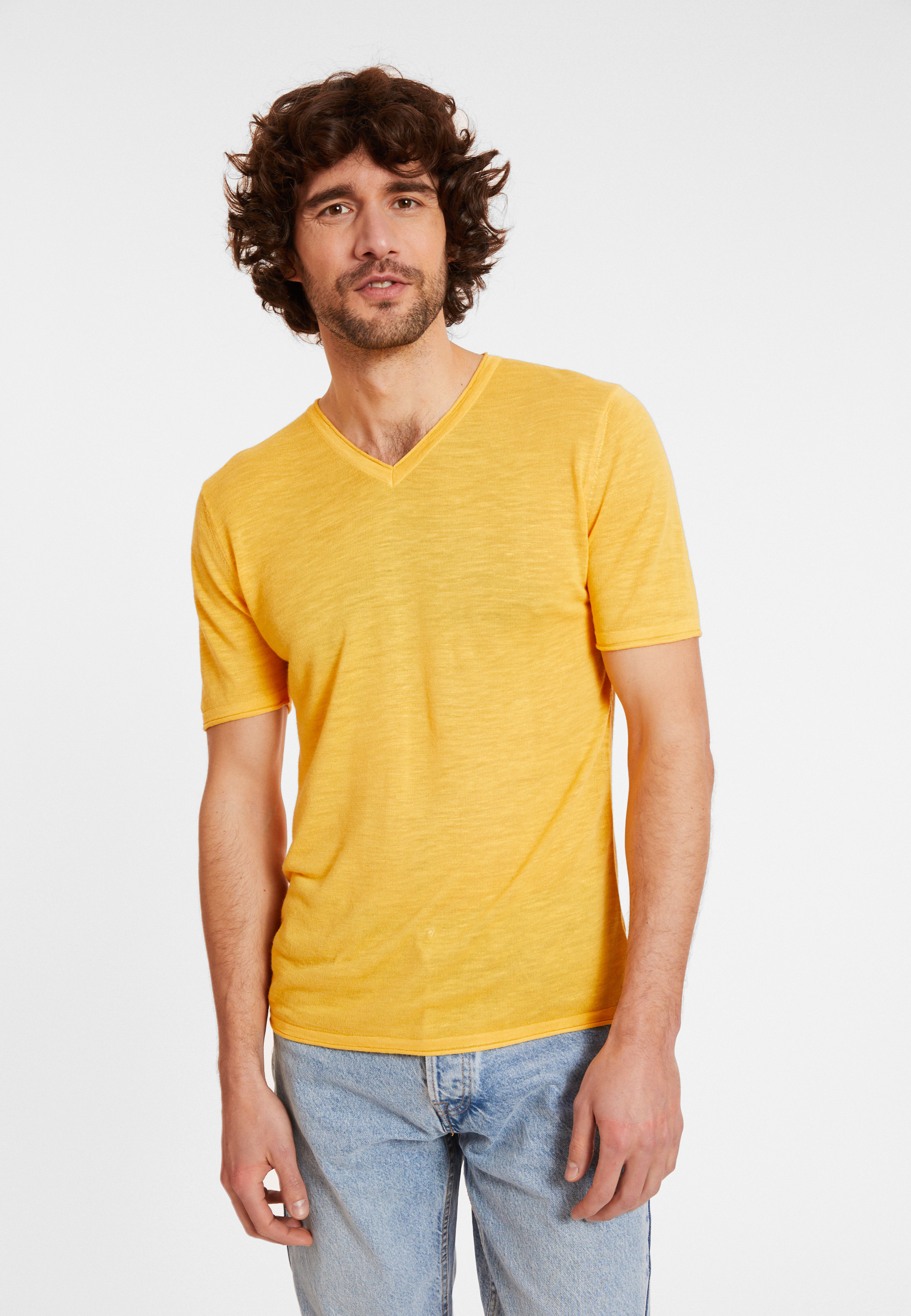 T-shirt col V en lin flammé - Reuben 8060 ambre - 08 Jaune
