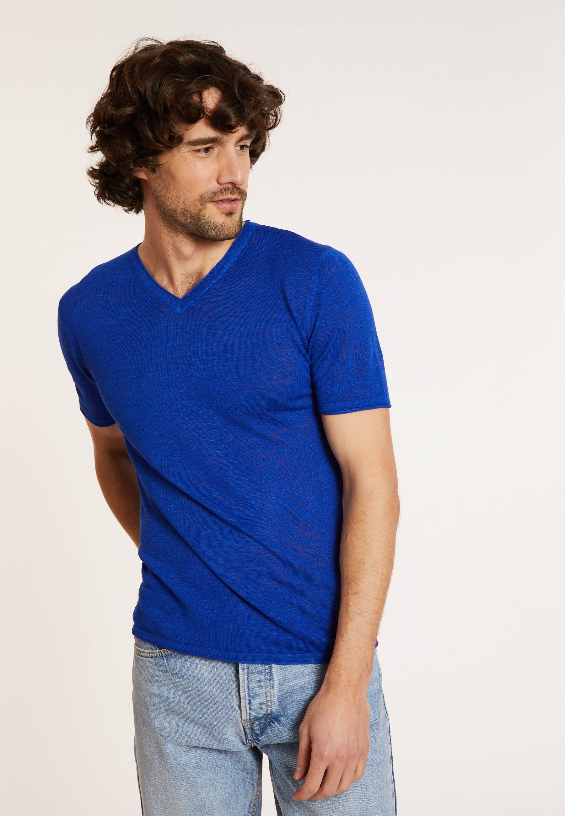 T-shirt col V en lin flammé - Reuben 8041 majorelle - 48 Bleu roi