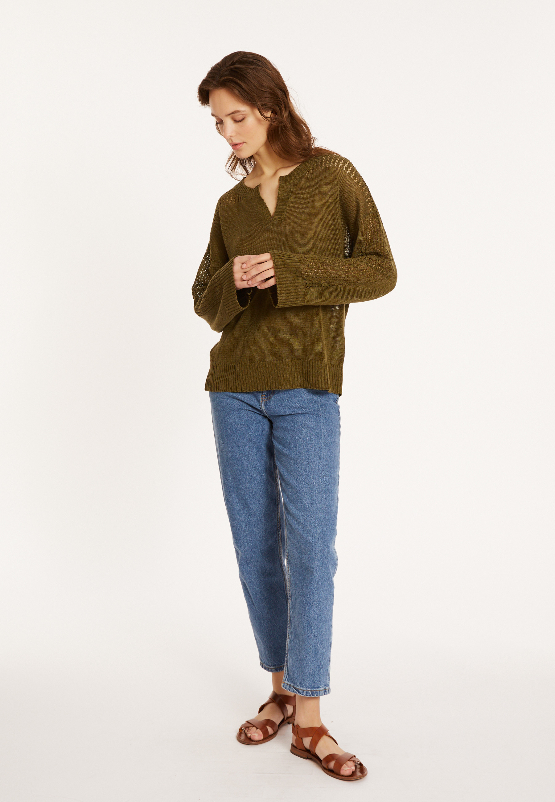 Loose linen sweater with openwork sleeves - Molene
