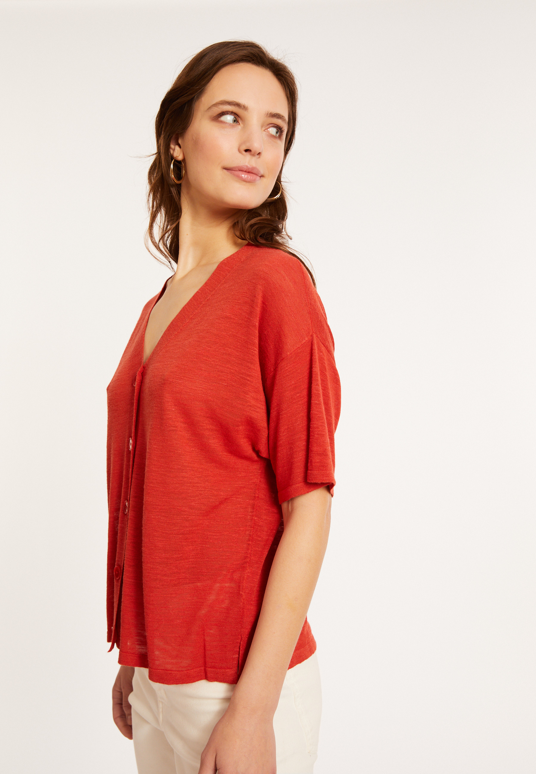 T-shirt boutonné en lin flammé - Maddie 8081 epice - 20 Rouge foncé