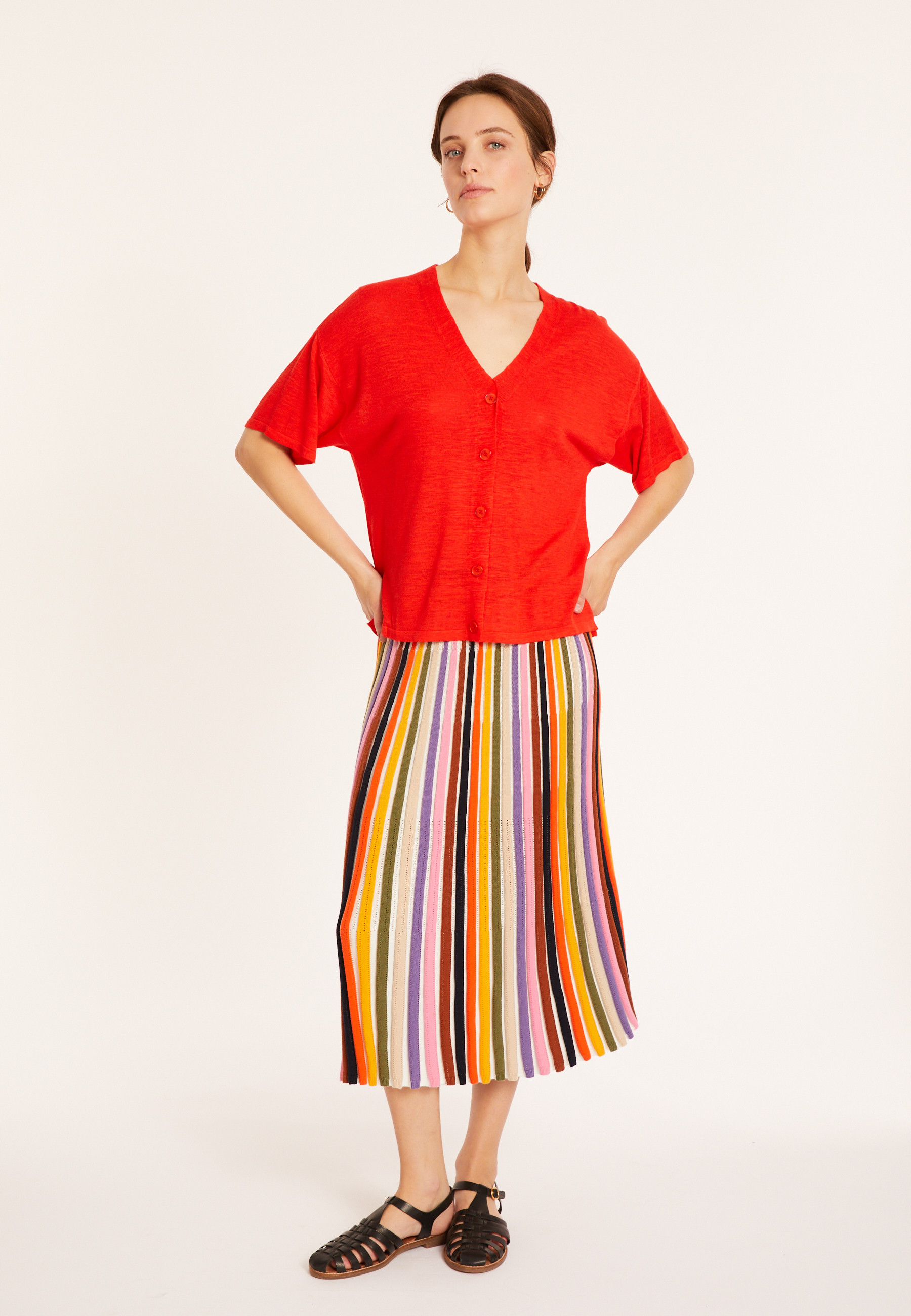 T-shirt boutonné en lin flammé - Maddie 8080 capucine - 52 Rouge