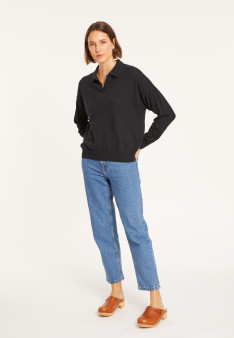 Polo manches longues en coton  brossé - Melvina 8010 noir - 01 Noir