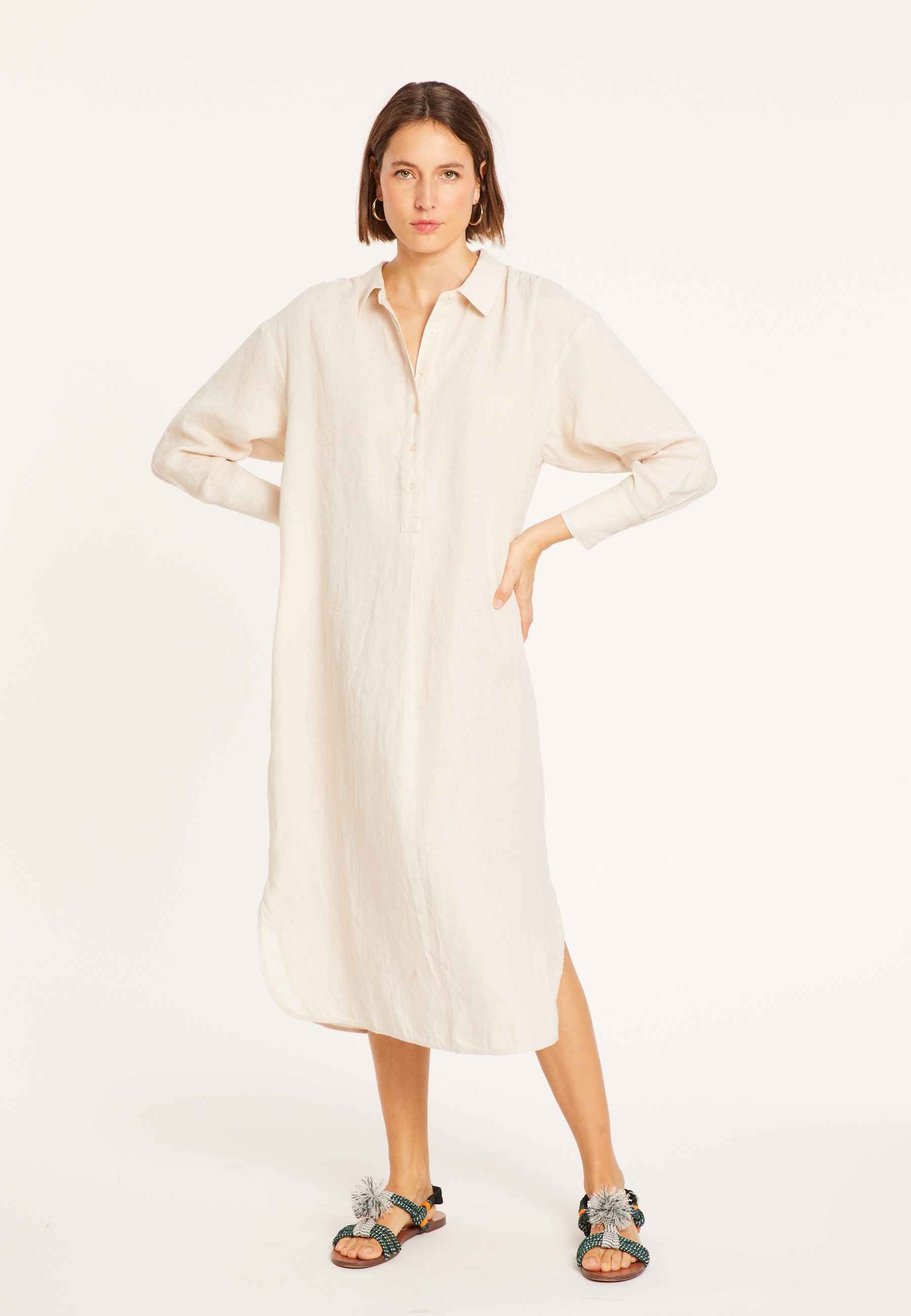 Robe longue col polo en lin - Valerie 8020 ficelle - 12 Beige clair