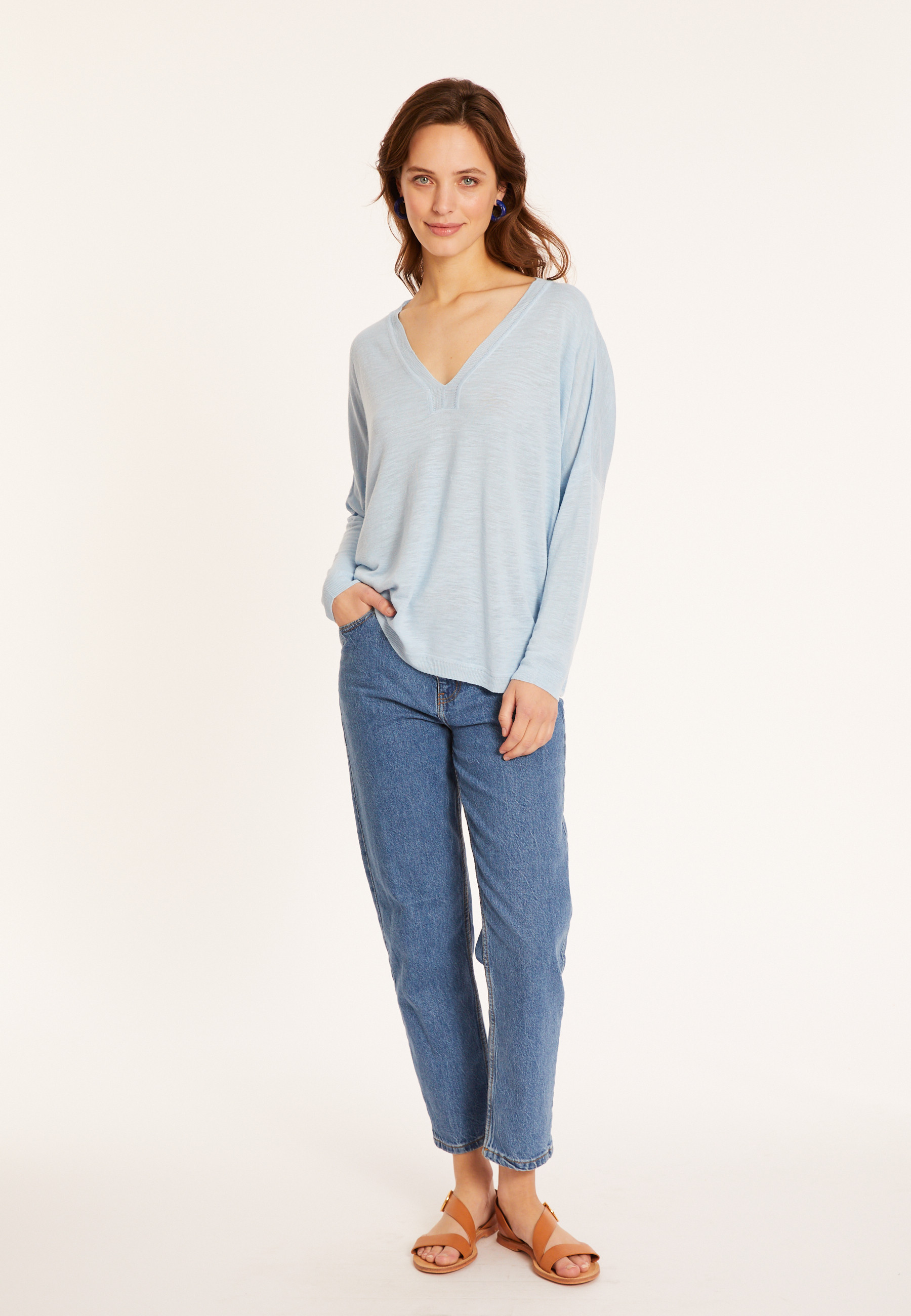 T-shirt oversize col v en lin flammé - Beja 8043 celeste - 04 Bleu clair