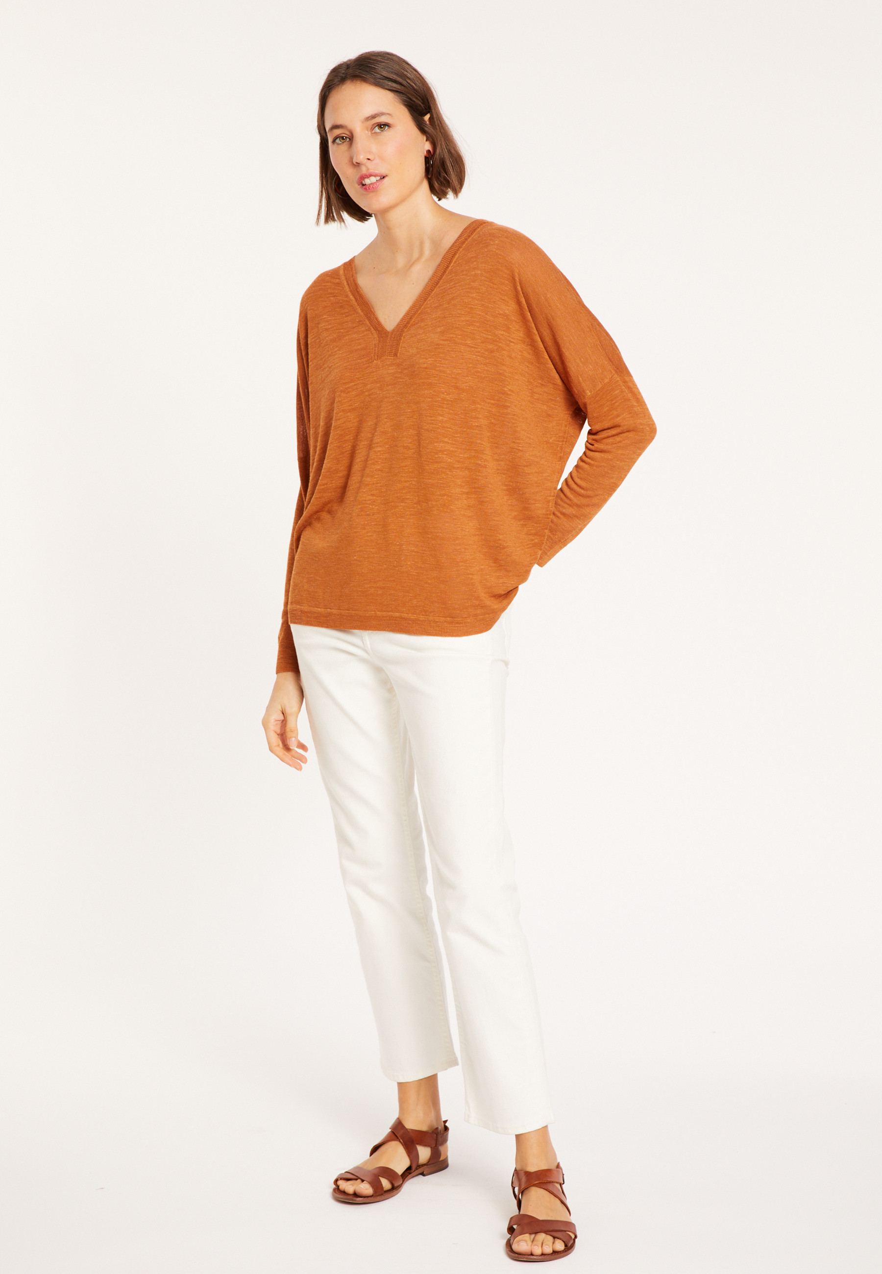 T-shirt oversize col v en lin flammé - Beja 8030 cannelle - 07 Marron