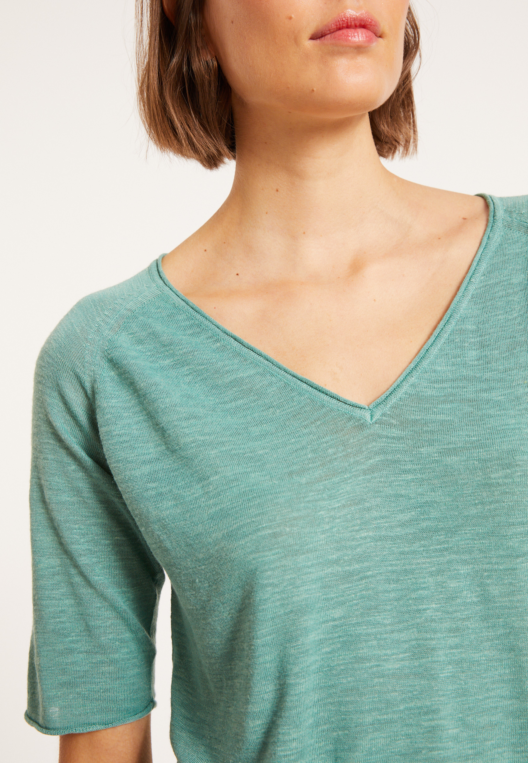 T-shirt manches coudes en lin flammé - Bonbon 8052 - 94 Vert amande