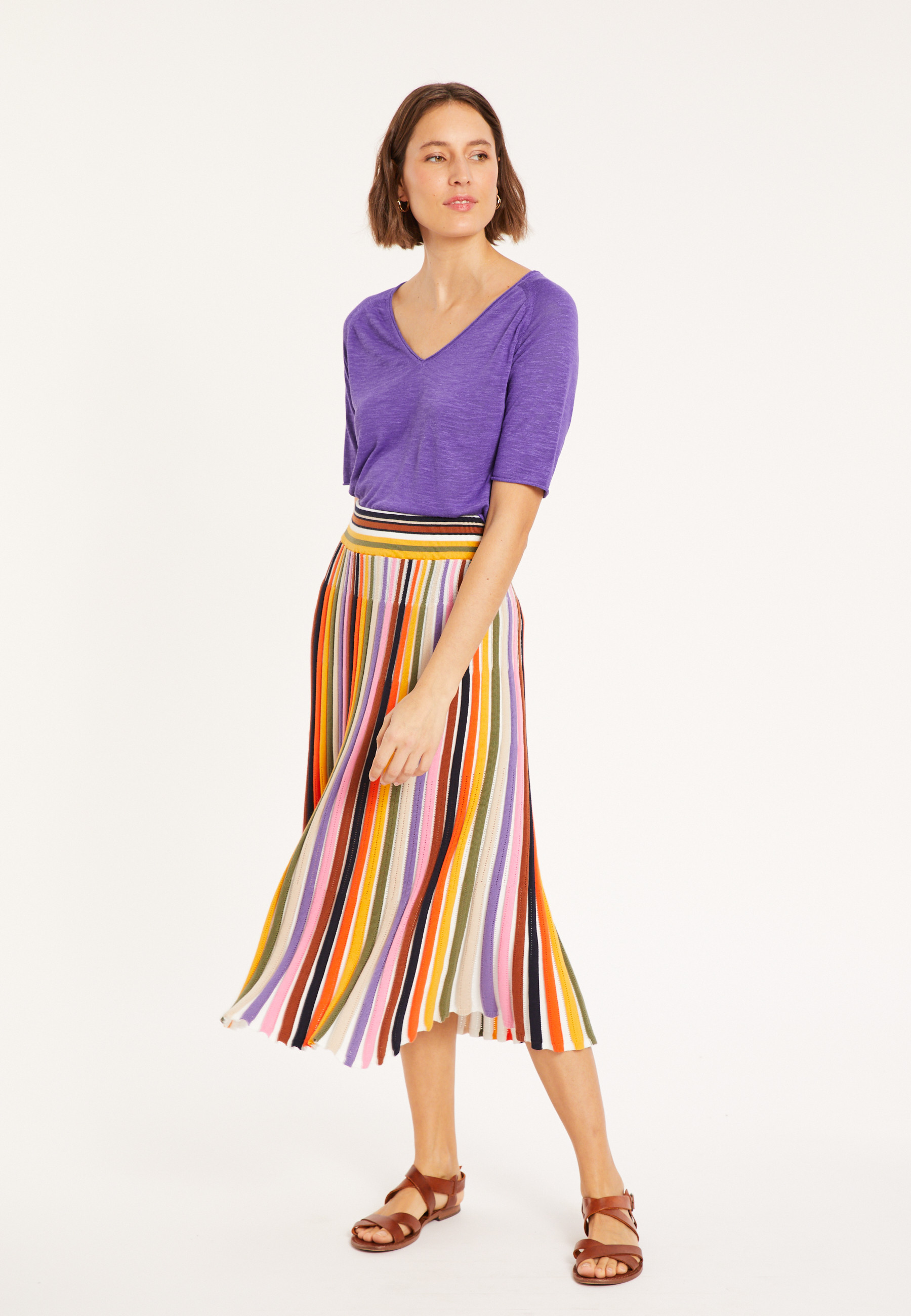 T-shirt manches coudes en lin flammé - Bonbon 8090 - 17 Violet