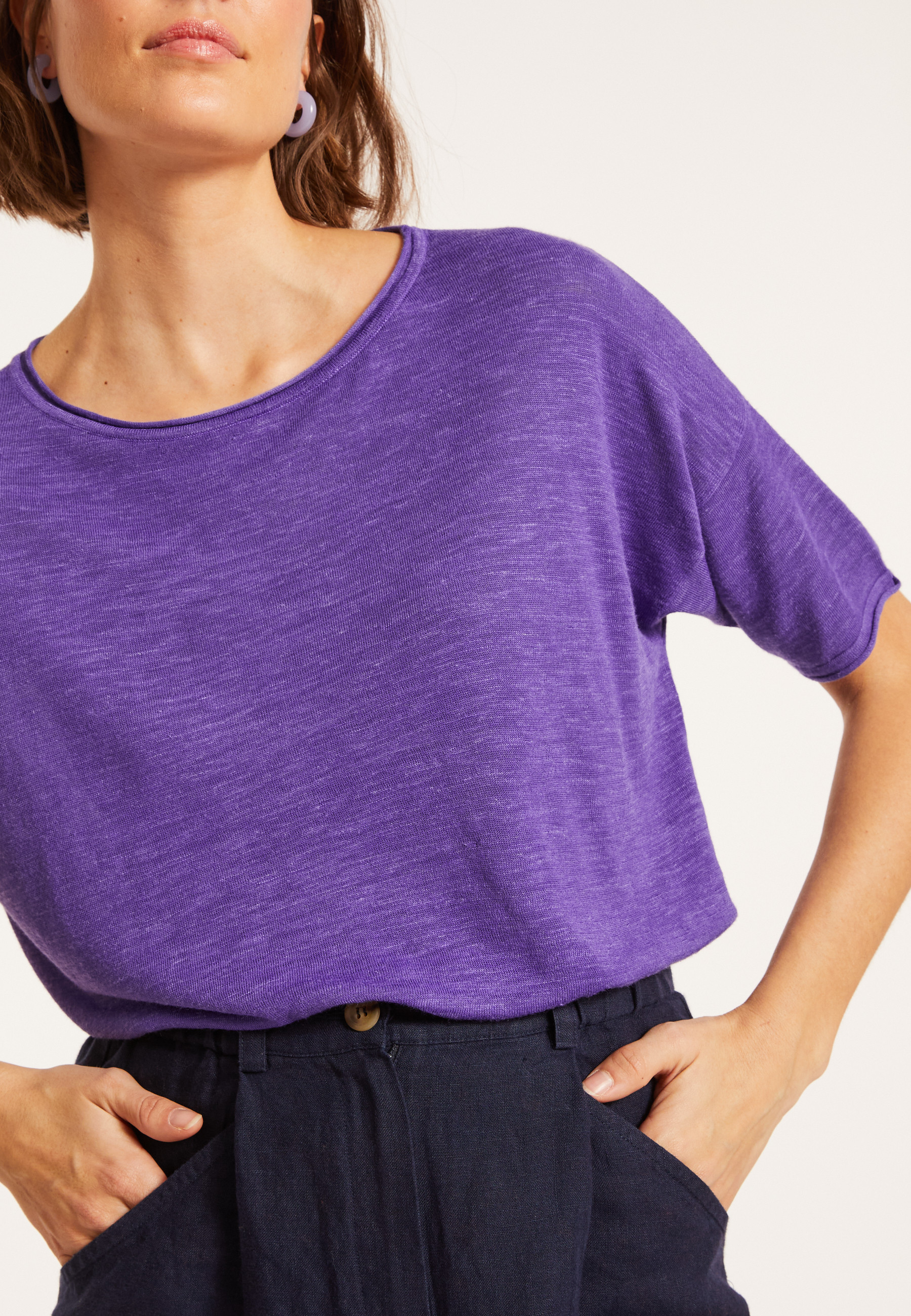 T-shirt ample manches coudes en lin flammé - Taslim 8090 - 17 Violet