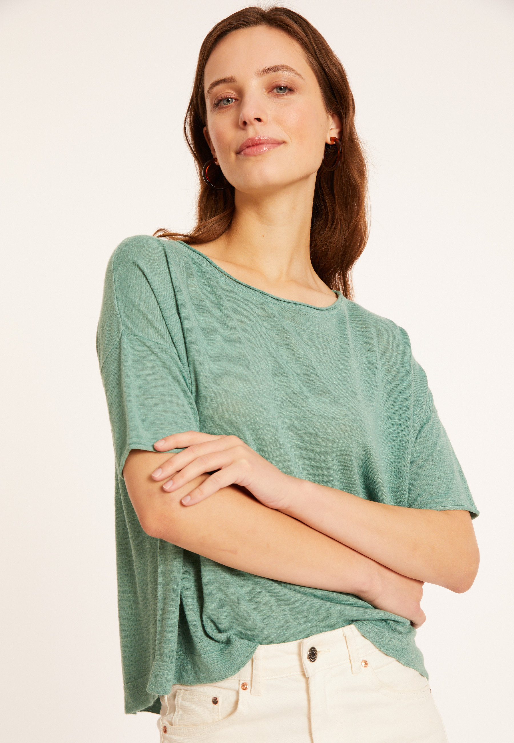 T-shirt ample manches coudes en lin flammé - Taslim 8052 - 94 Vert amande