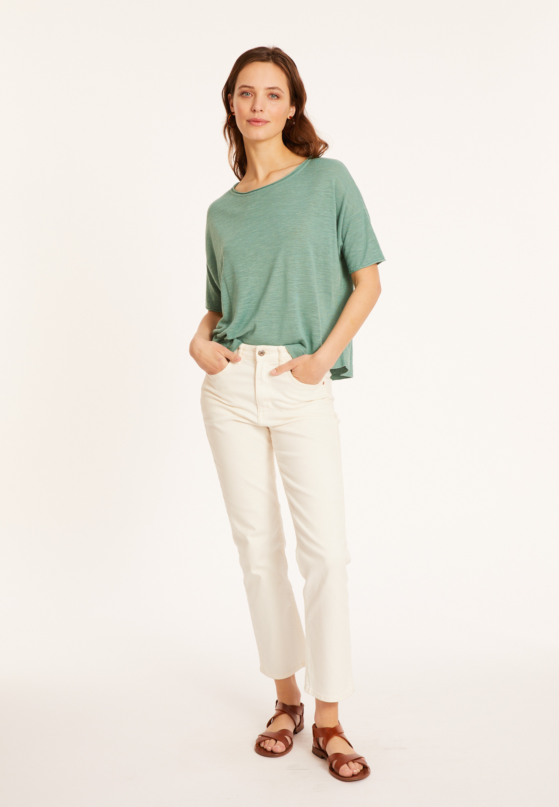 T-shirt ample manches coudes en lin flammé - Taslim 8052 - 94 Vert amande