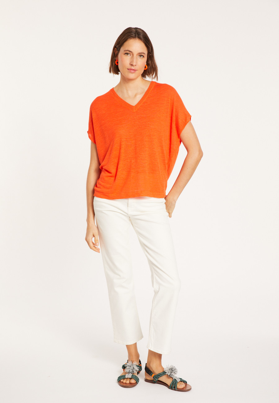 T-shirt ample col V en lin flammé - Marra 8071 - 15 Orange