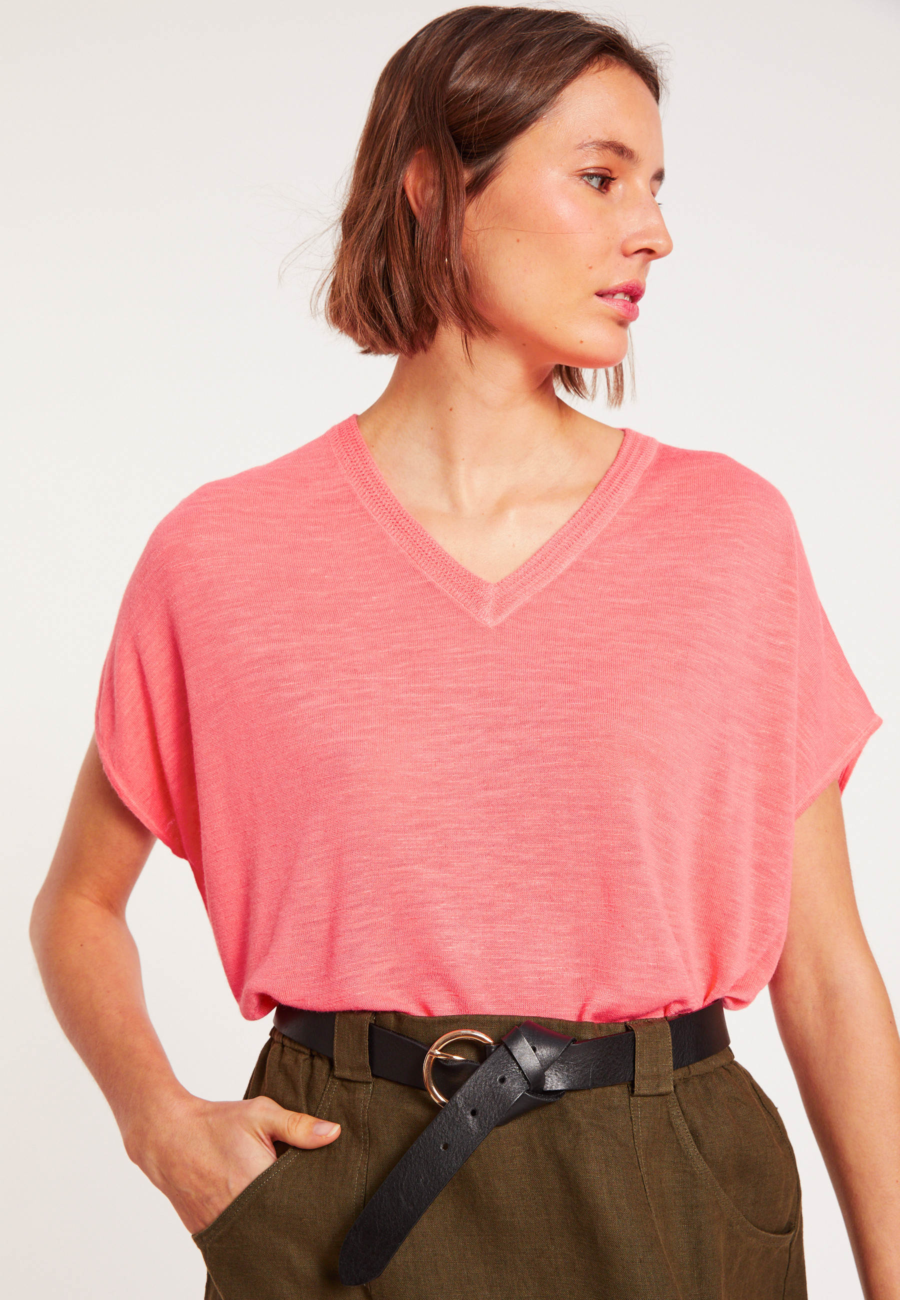 T-shirt ample col V en lin flammé - Marra 8072 - 25 Rose moyen