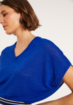 T-shirt ample col V en lin flammé - Marra 8041 - 48 Bleu roi