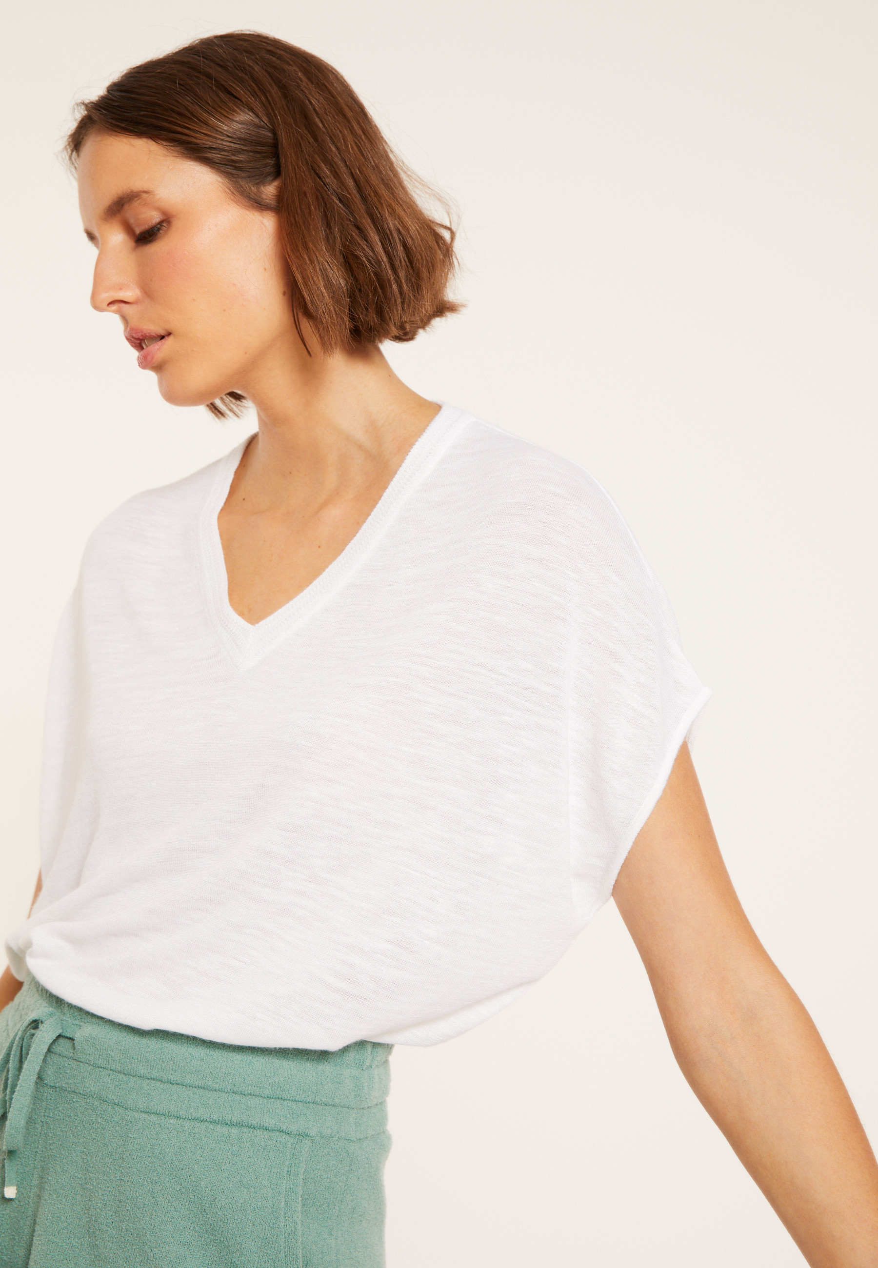 T-shirt ample col V en lin flammé - Marra 8001 - 02 Blanc