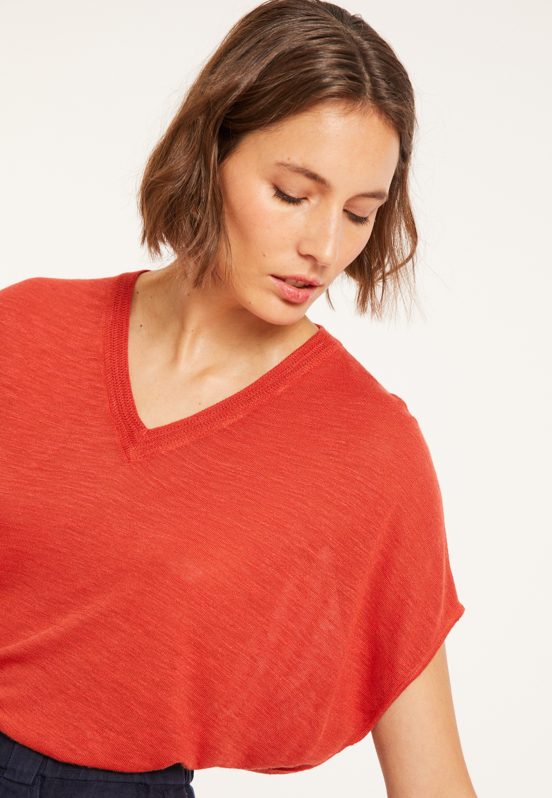 T-shirt ample col V en lin flammé - Marra 8081 - 20 Rouge foncé