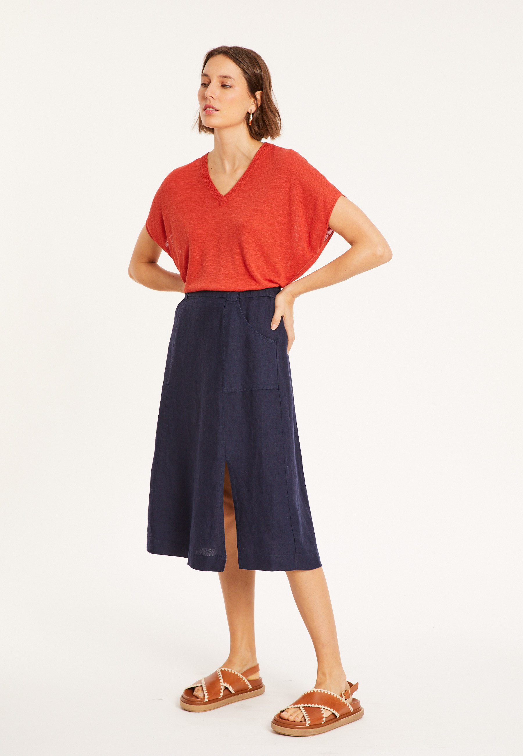 T-shirt ample col V en lin flammé - Marra 8081 - 20 Rouge foncé