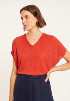 T-shirt ample col V en lin flammé - Marra 8081 - 20 Rouge foncé