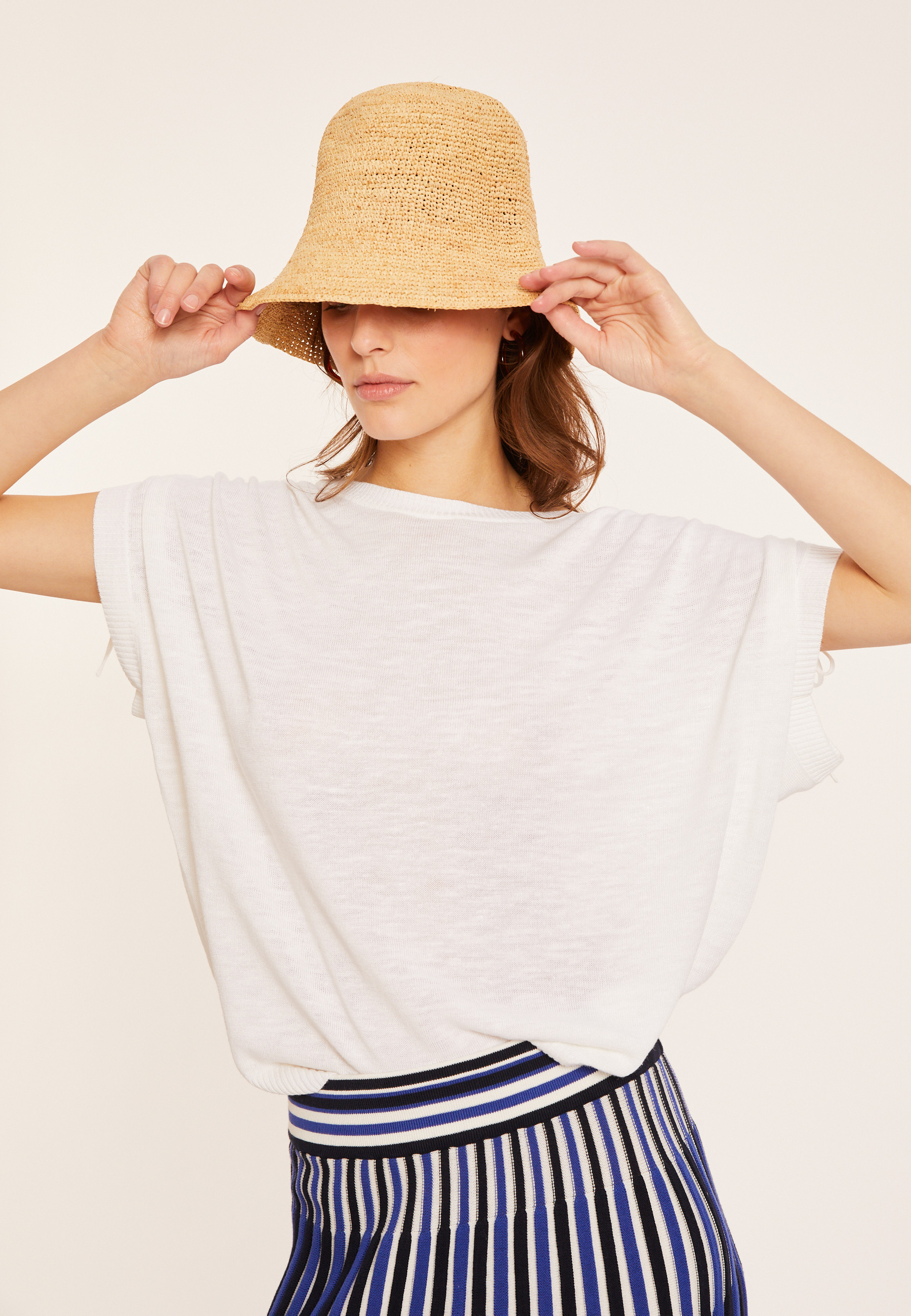 T-shirt en lin flammé resserrage épaules - Marine 8001 - 02 Blanc