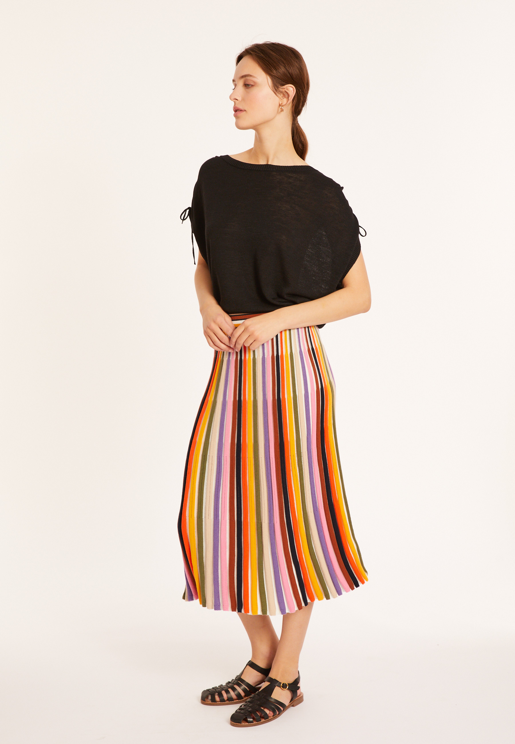 Flamed linen t-shirt with shoulders tightening - Marine