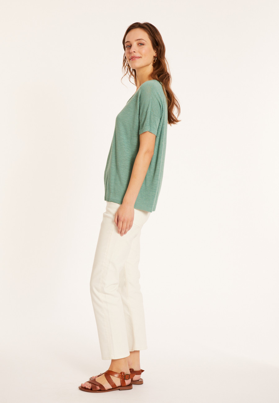Loose-fitting round-neck flamed linen T-shirt - Pavot