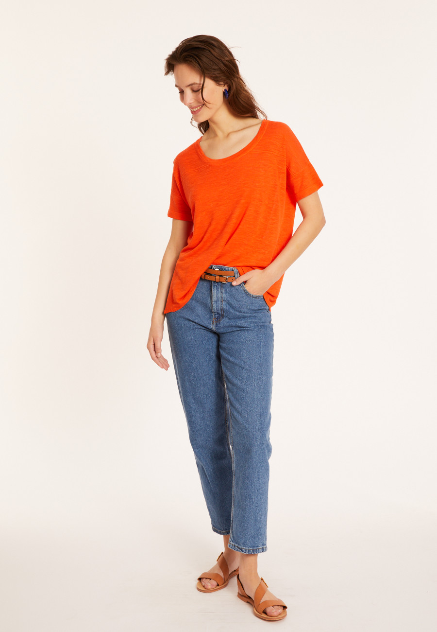 Loose-fitting round-neck flamed linen T-shirt - Pavot
