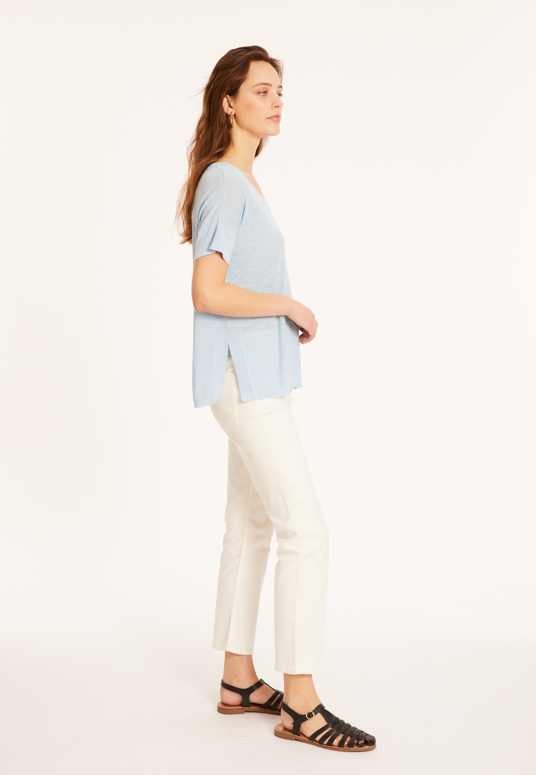 Loose-fitting round-neck flamed linen T-shirt - Pavot