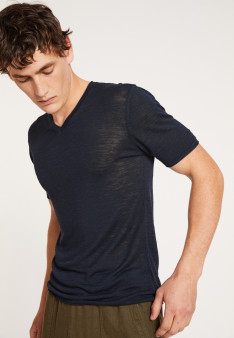 T-shirt col V en lin flammé - Reuben 8040 marine - 05 Bleu marine