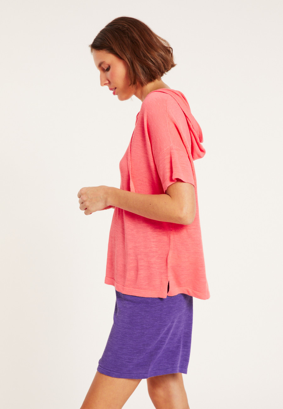 Flamed linen hooded t-shirt - Pivoine