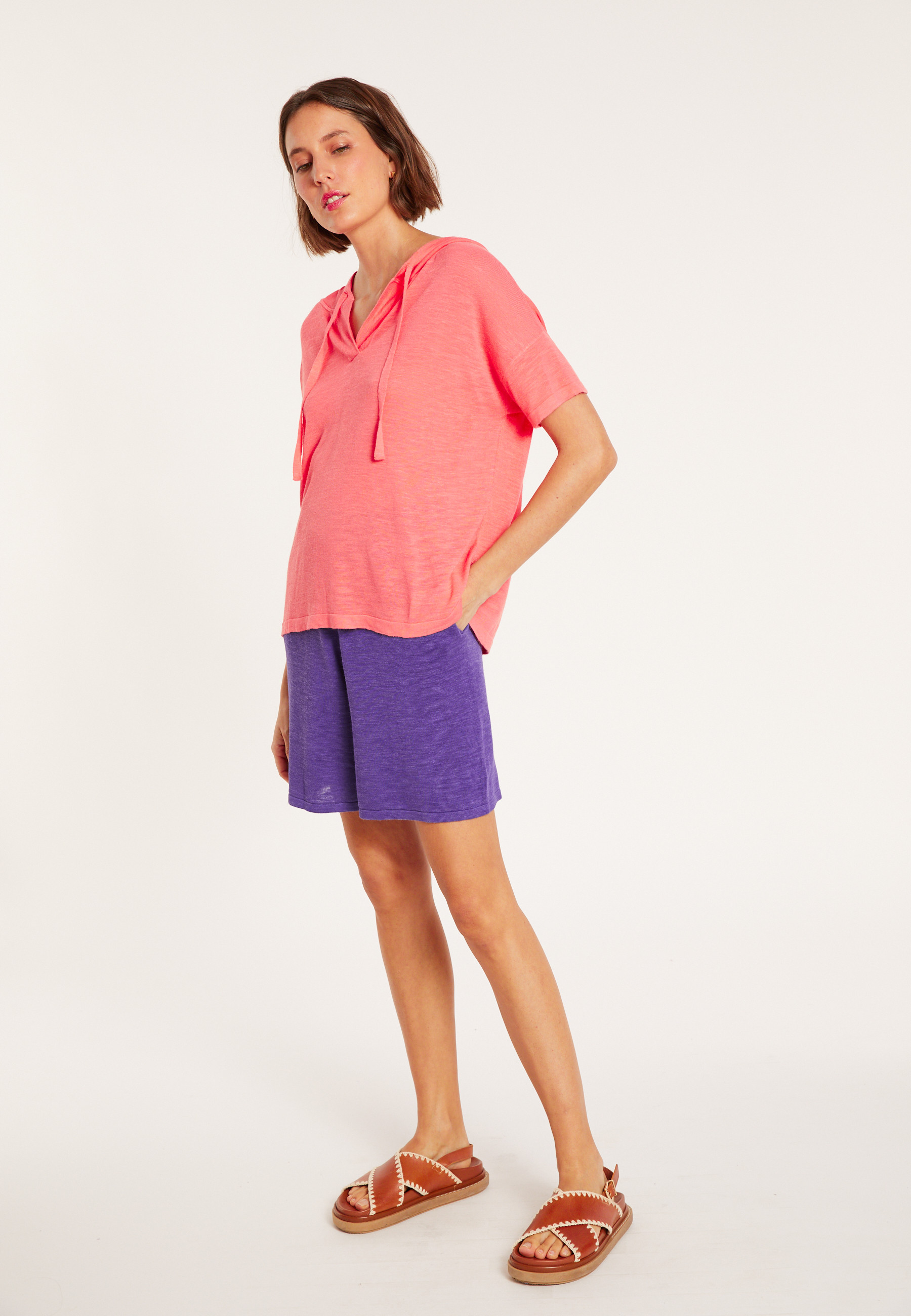 Flamed linen hooded t-shirt - Pivoine