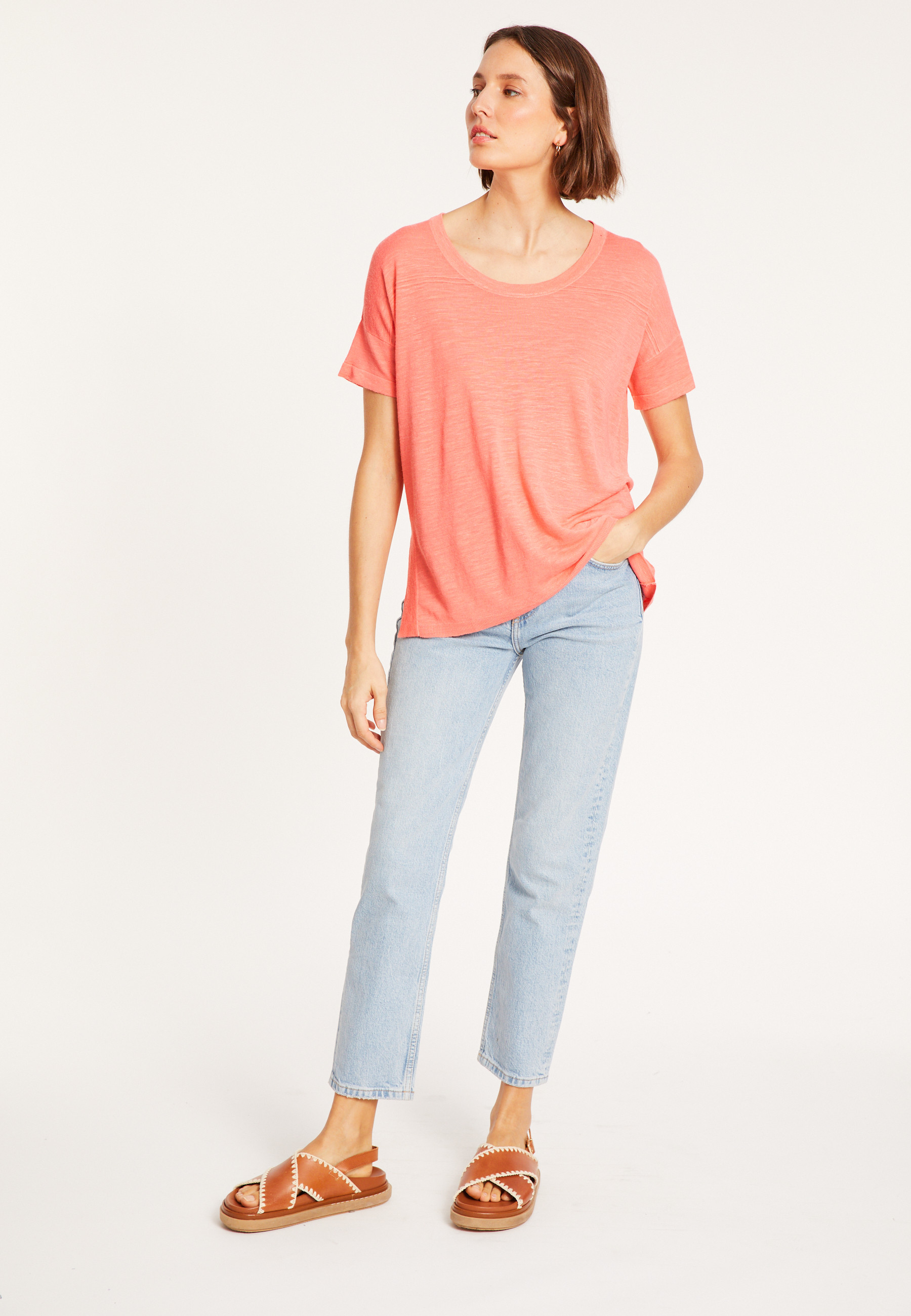 T-shirt ample col rond en lin flammé - Pavot 8072 - 25 Rose moyen