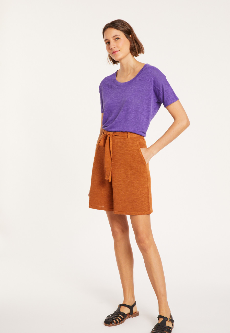 Loose-fitting round-neck flamed linen T-shirt - Pavot