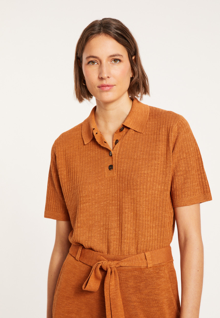 Flamed linen ribbed polo shirt - Petunia