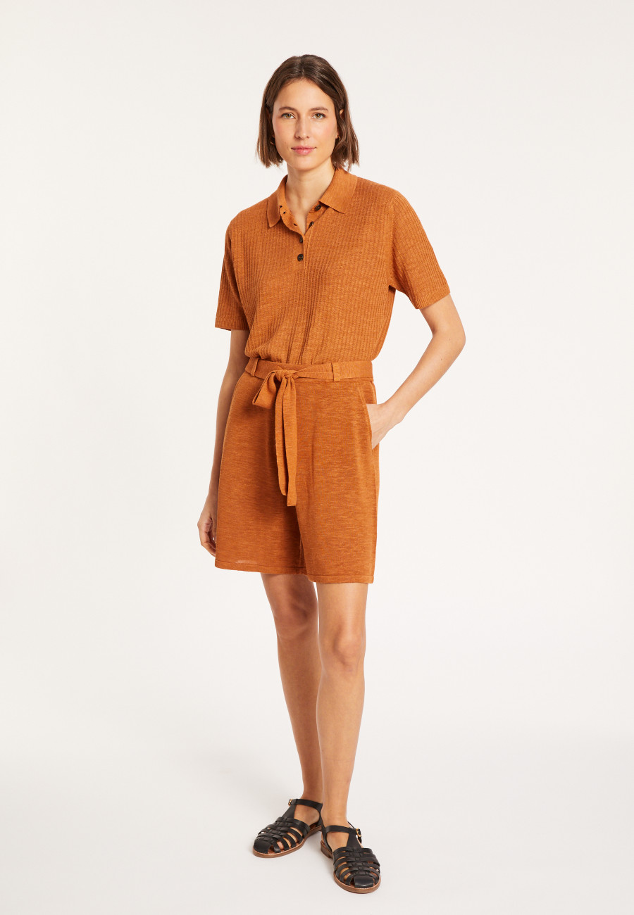 Flamed linen ribbed polo shirt - Petunia