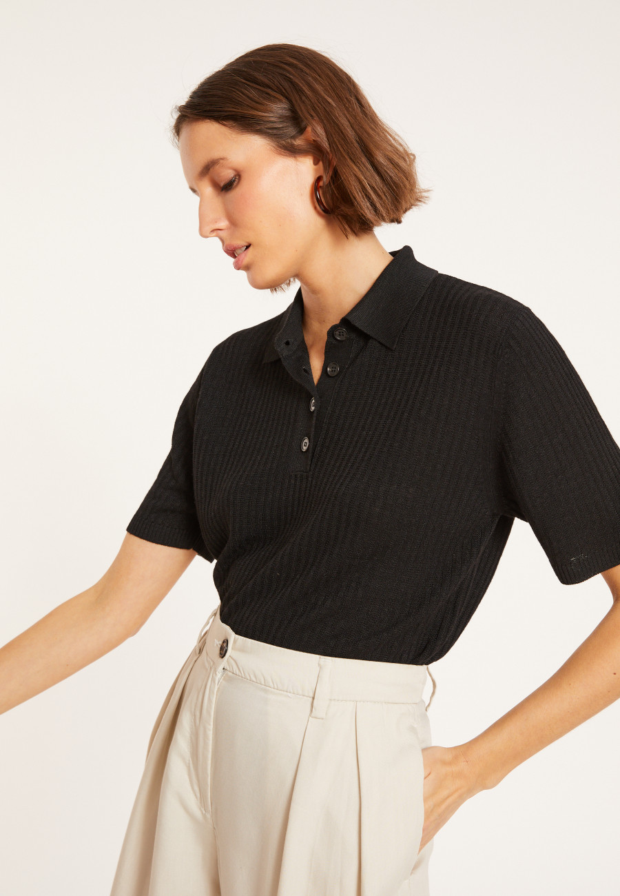 Flamed linen ribbed polo shirt - Petunia