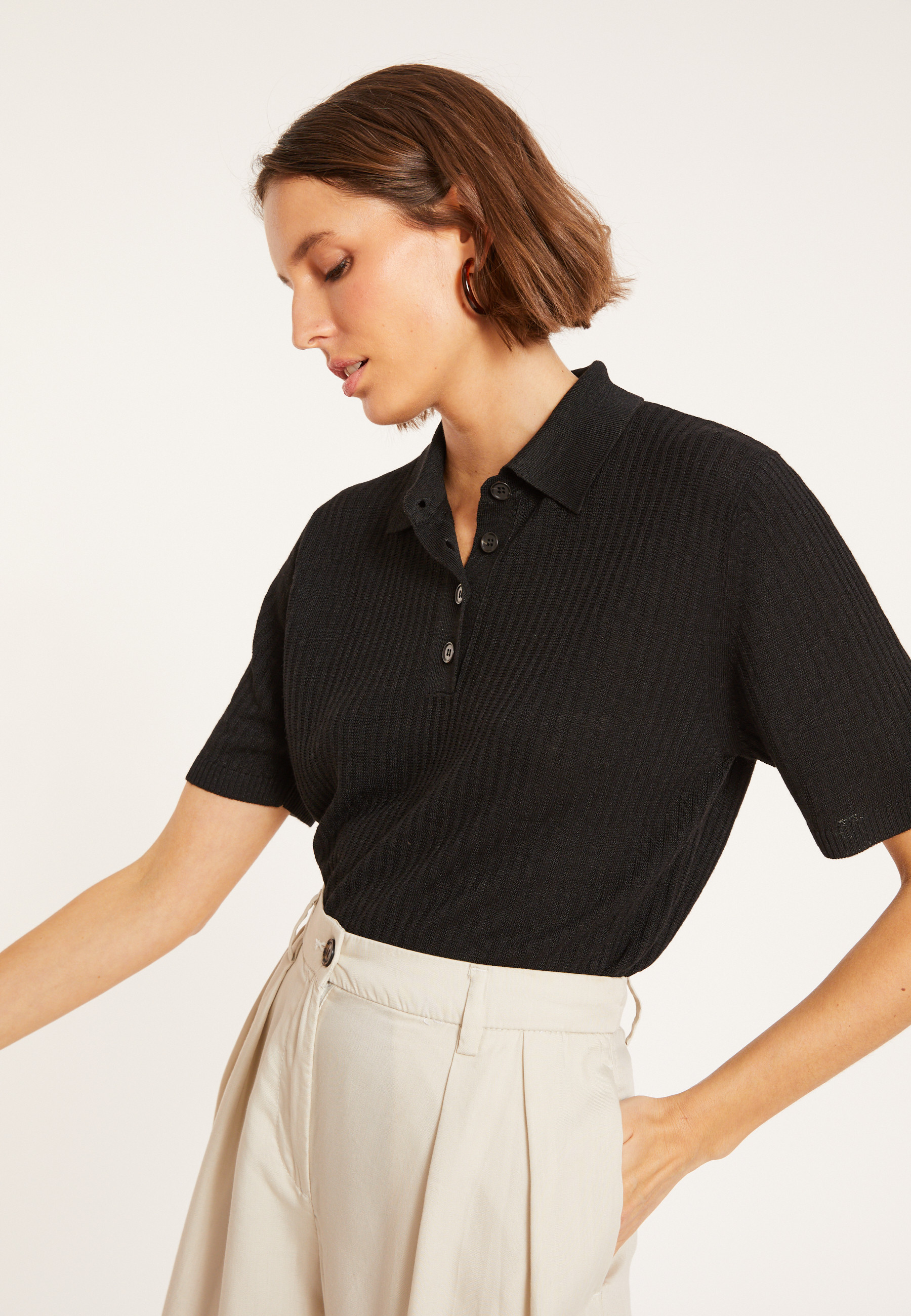 Flamed linen ribbed polo shirt - Petunia