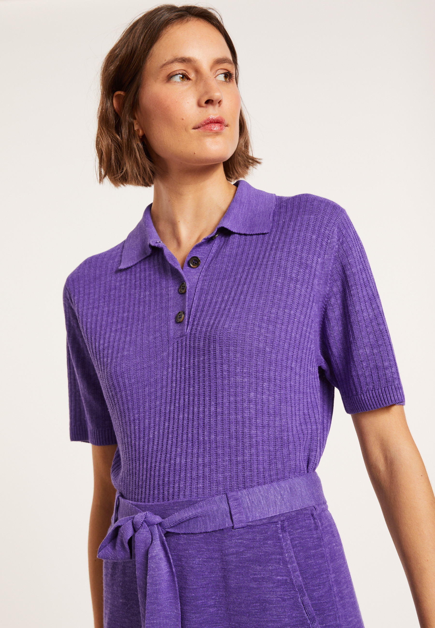 Flamed linen ribbed polo shirt - Petunia
