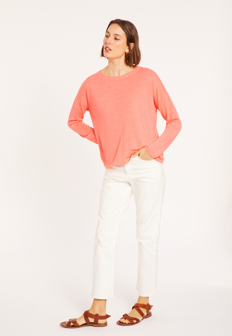 Flamed linen t-shirt with long sleeves and back buttons - Polly