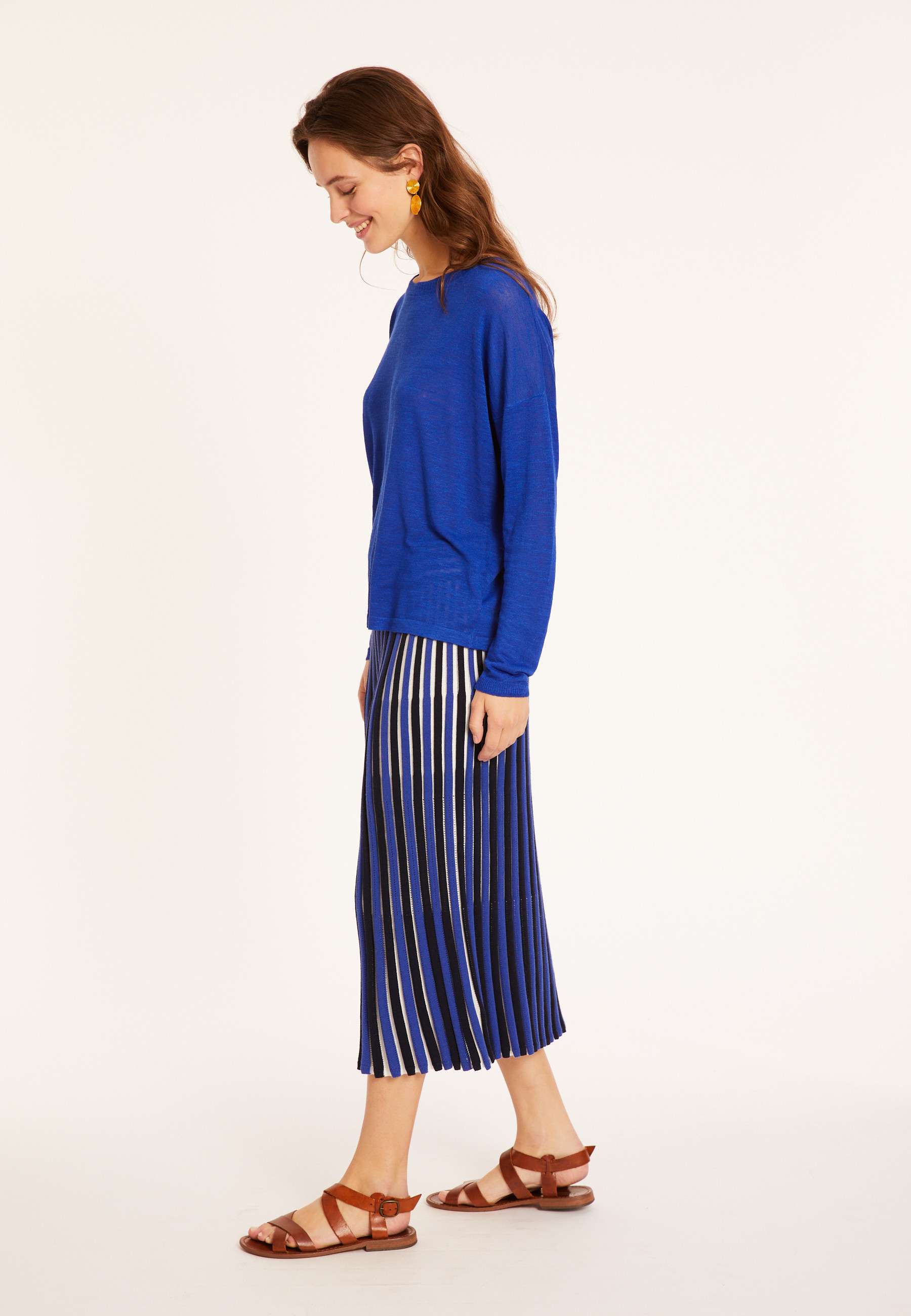 T-shirt en lin flammé boutonné dos - Polly 8041 - 48 Bleu roi