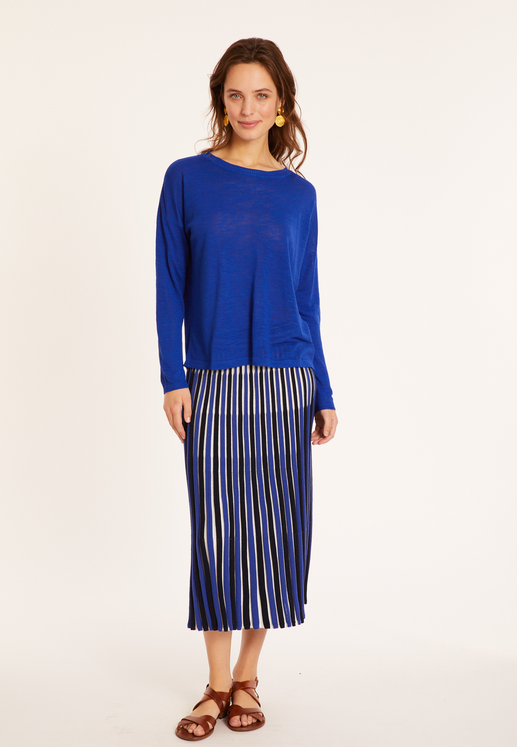 T-shirt en lin flammé boutonné dos - Polly 8041 - 48 Bleu roi