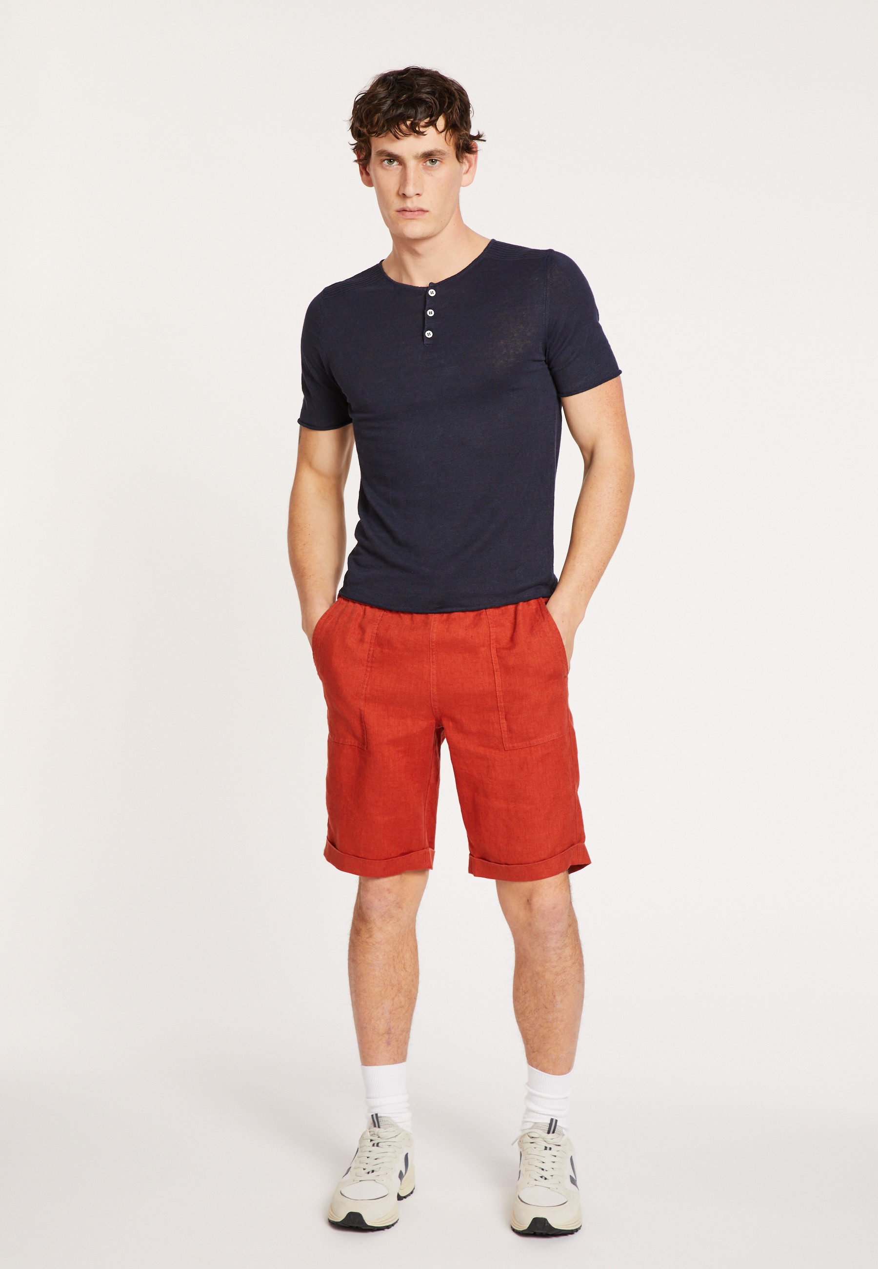 T-shirt col boutonné en lin - Leonce 6440 - 05 Bleu marine