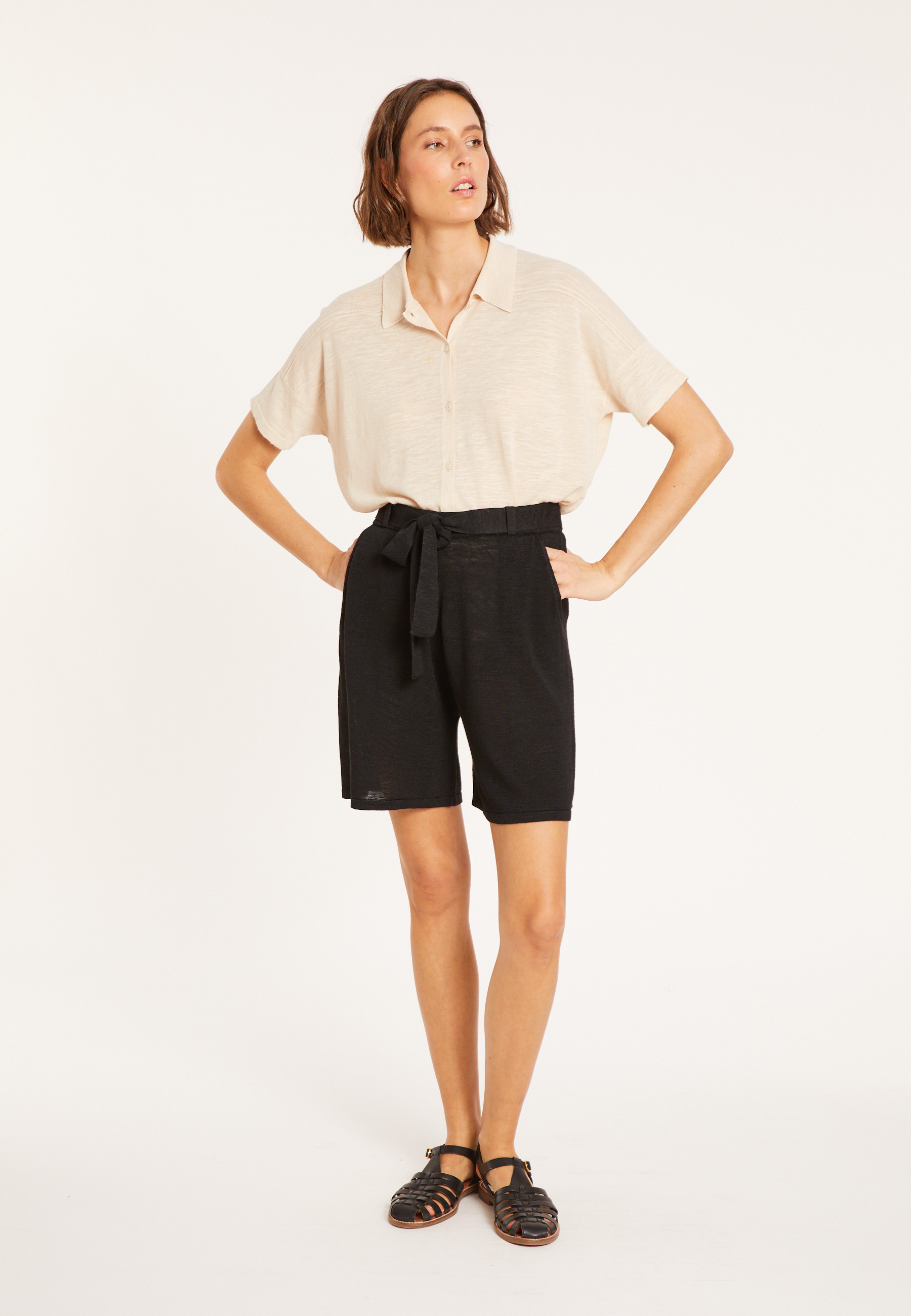 Short fluide en lin flammé - Maceo 8010 - 01 Noir