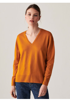 Pull col V en laine mérinos finitions bord côtes - Arya  7460 tournesol - Orange
