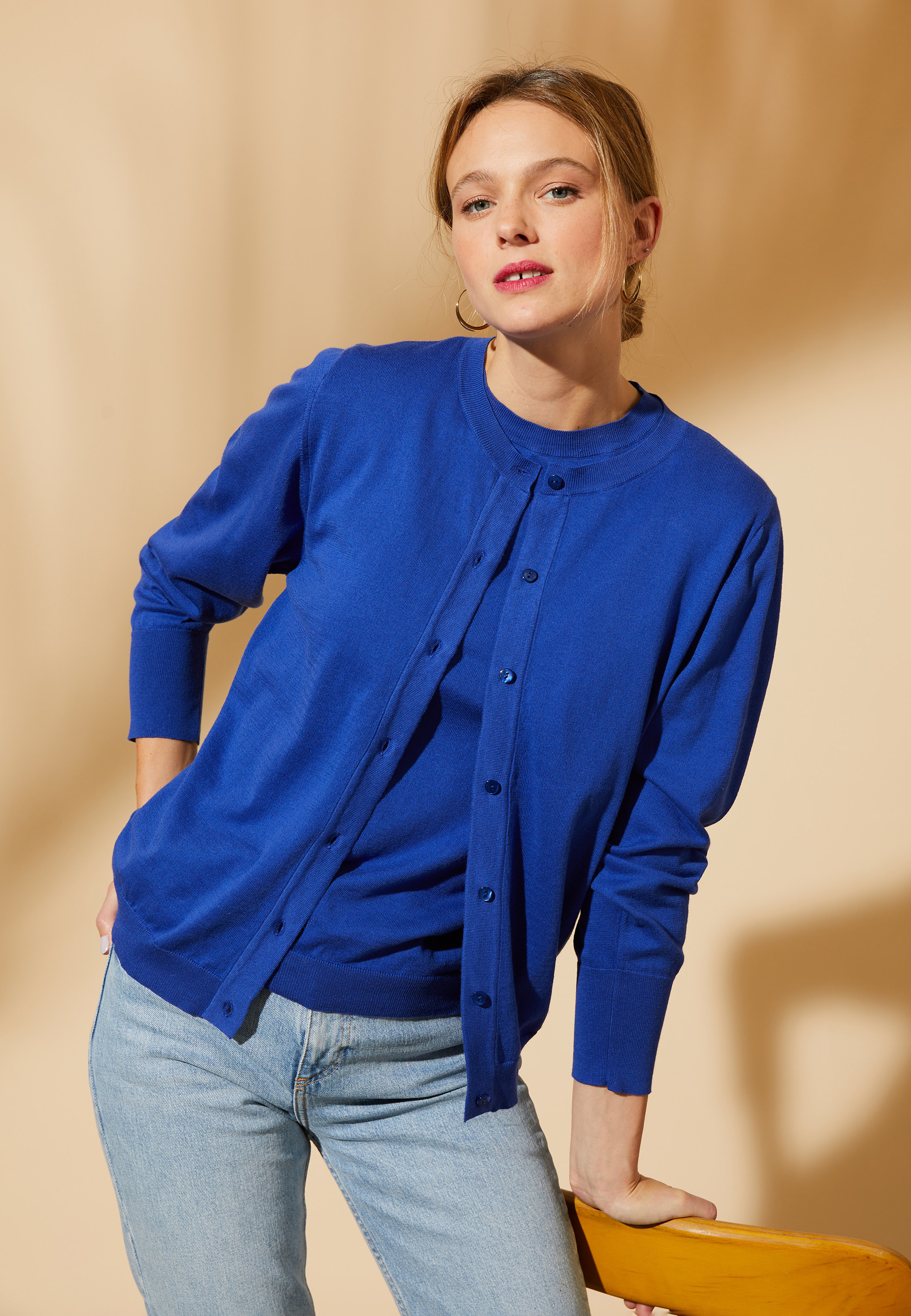 Cardigan col rond en coton bio - Manel 8041 majorelle - 03 Bleu foncé